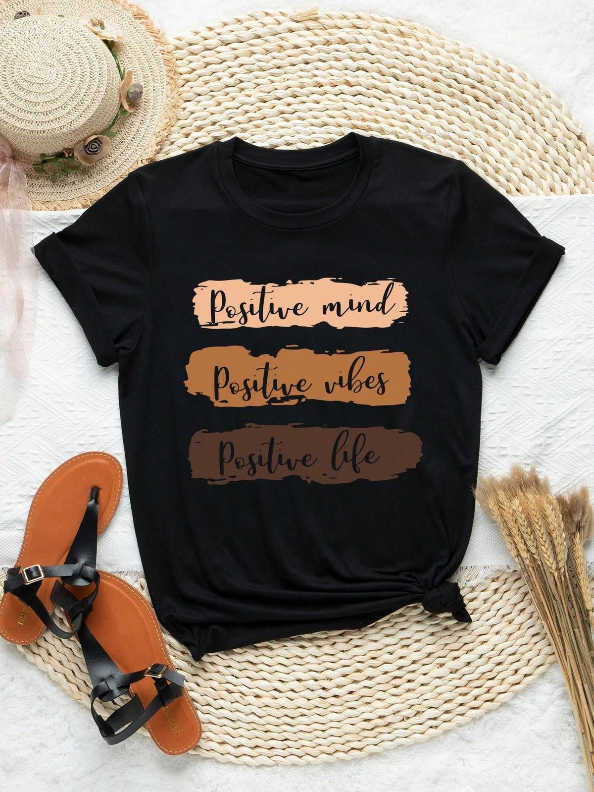 Black Graphic Printed T-Shirt – “Positive Mind, Vibes, Life” Quote Tee