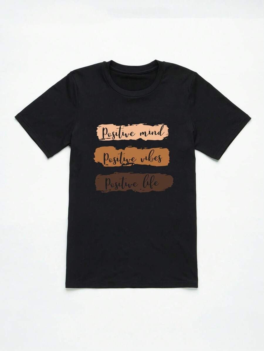 Black Graphic Printed T-Shirt – “Positive Mind, Vibes, Life” Quote Tee