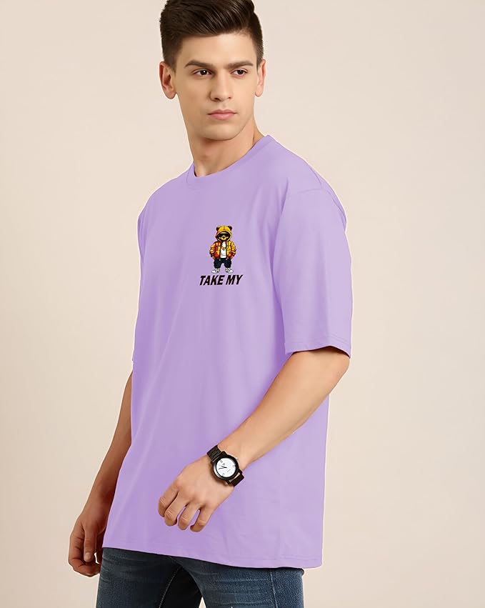 Men's Oversized Lilac Graphic T-Shirt - "Take My" Teddy Print