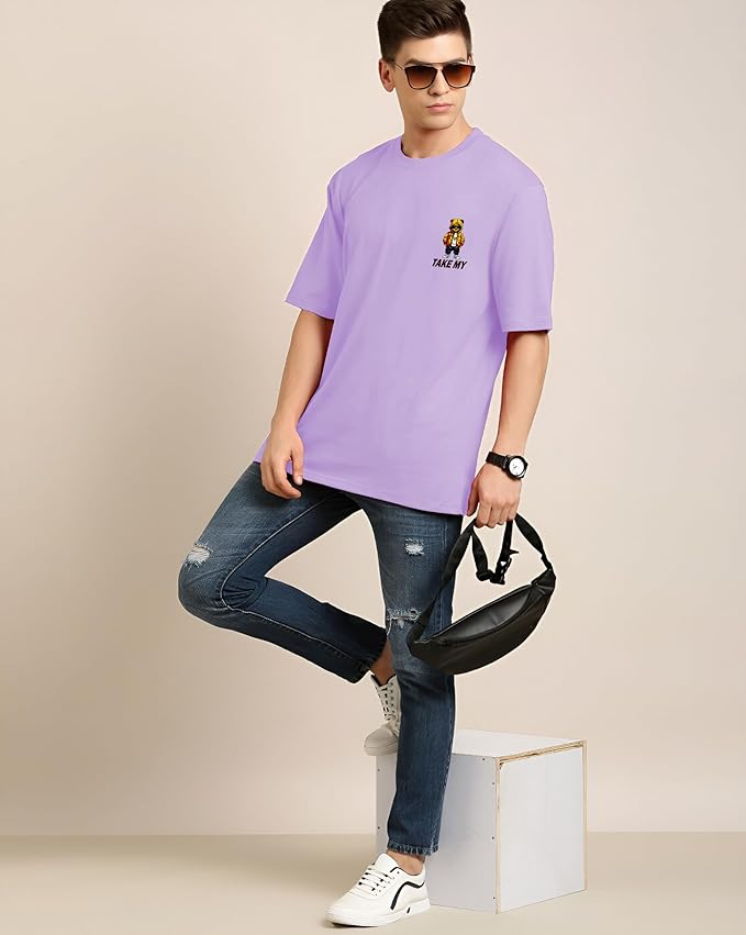 Men's Oversized Lilac Graphic T-Shirt - "Take My" Teddy Print
