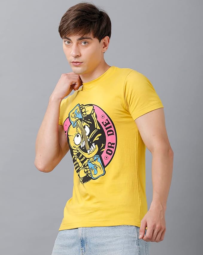 "Skater Skeleton 'OR DIE' Yellow Graphic Printed T-Shirt"