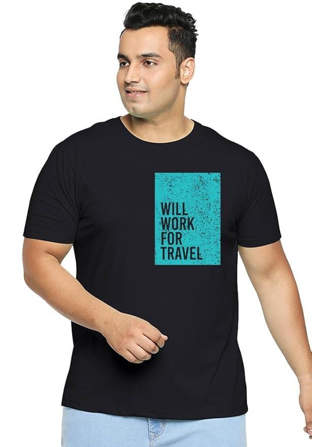 Will Work for Travel Printed Black T-Shirt for Men | PD Clori