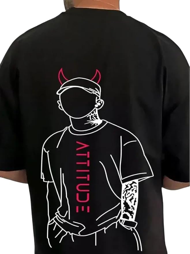 Men’s Black Oversized “Attitude” Graphic T-Shirt with Devil Horns | Street Style Tee