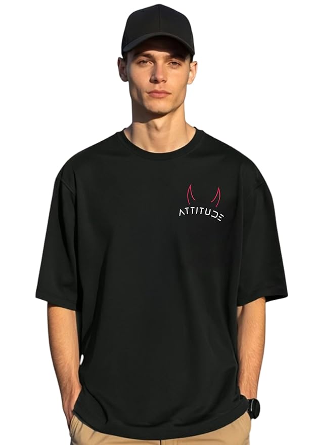Men’s Black Oversized “Attitude” Graphic T-Shirt with Devil Horns | Street Style Tee