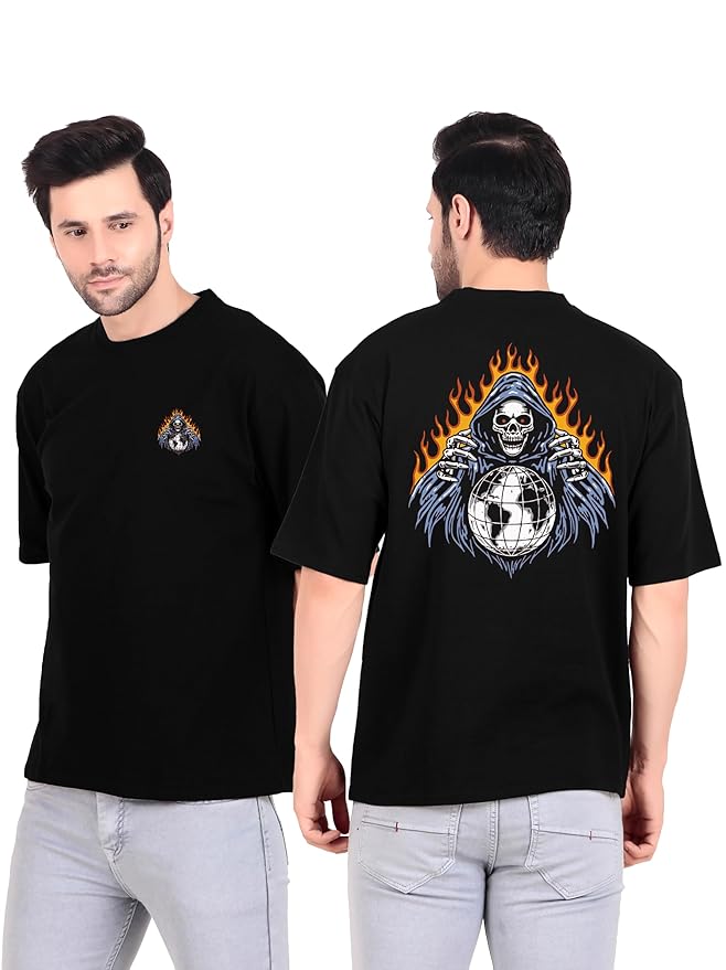 Men’s Black Graphic T-Shirt – Grim Reaper Globe Print | Streetwear Style