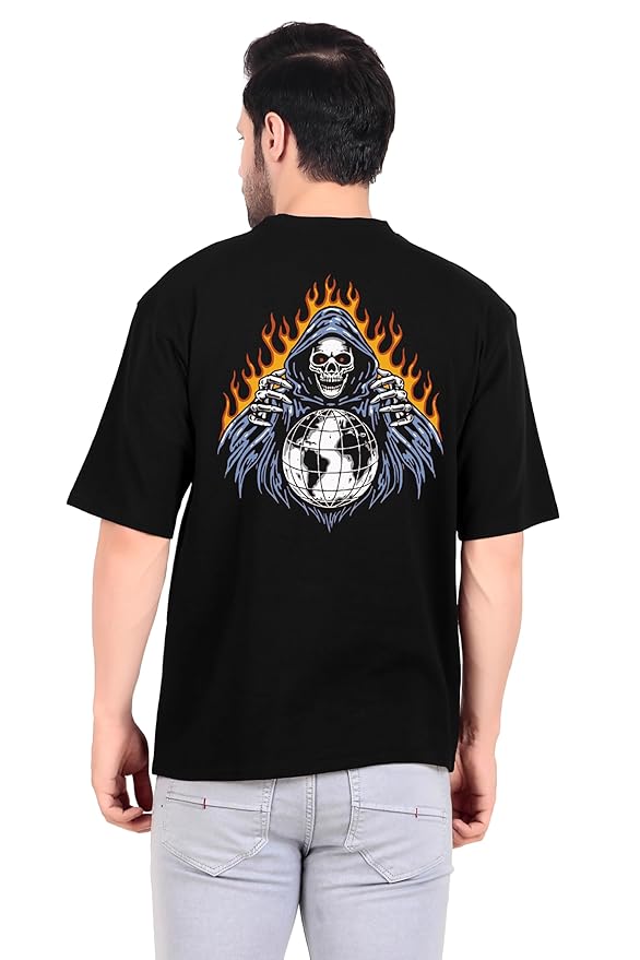Men’s Black Graphic T-Shirt – Grim Reaper Globe Print | Streetwear Style