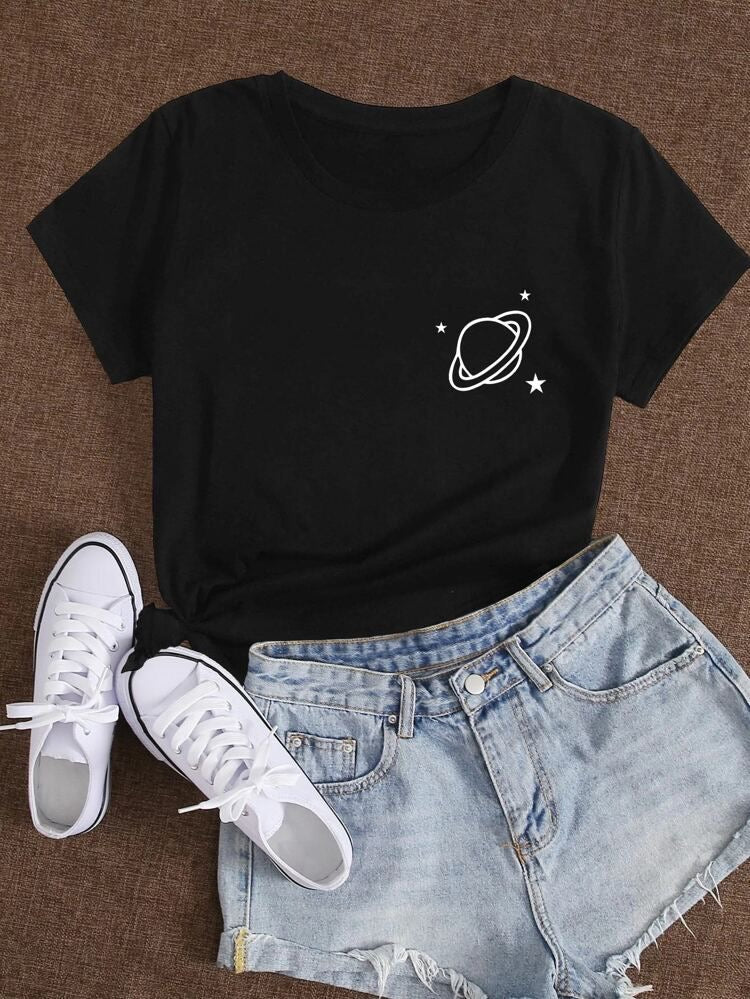 Star Black Graphic Printed T-Shirt for Women