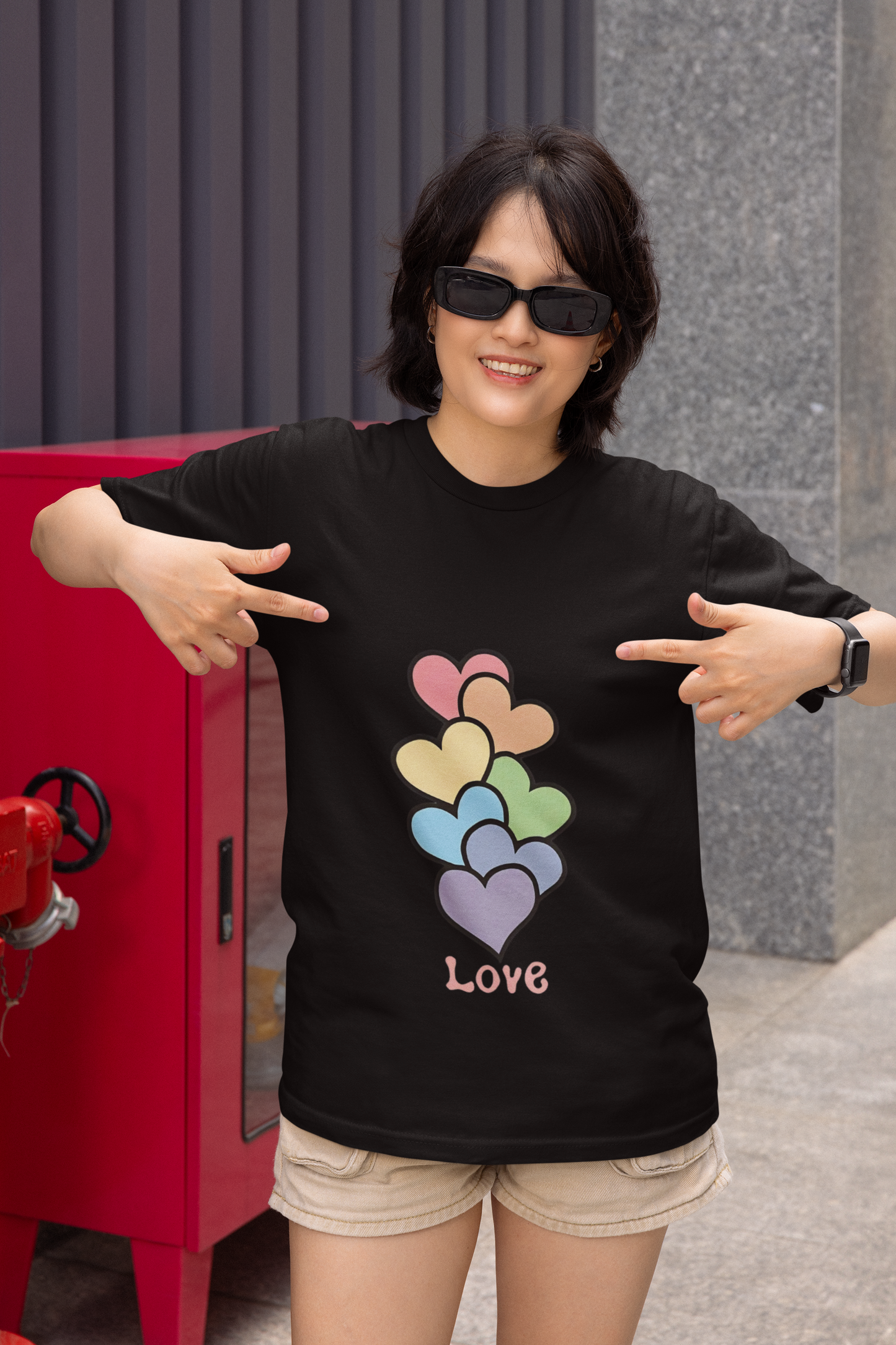 Pastel Rainbow Hearts “Love” Graphic Cotton T-Shirt for Women