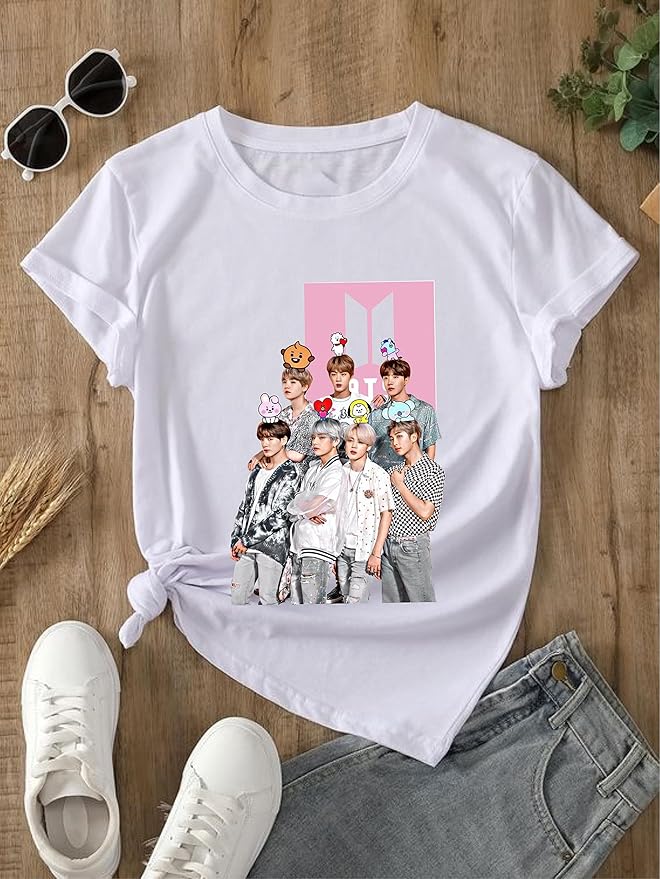BTS Cartoon & Portrait Graphic White T-Shirt