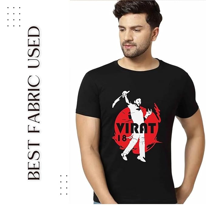 Men’s Black “Virat 18” Cricket Graphic Printed T-Shirt – Fan Edition Casual Tee