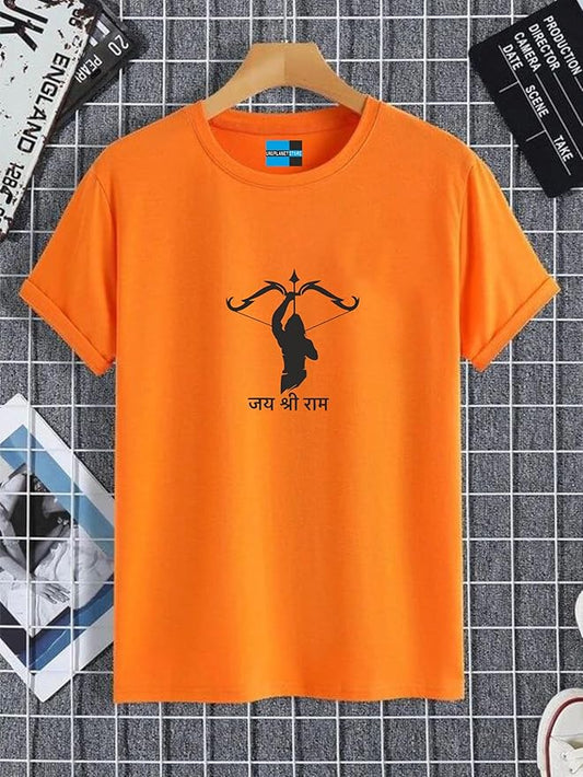 Men’s Orange “जय श्री राम” Spiritual Graphic Printed T-Shirt – Cotton Devotional Tee
