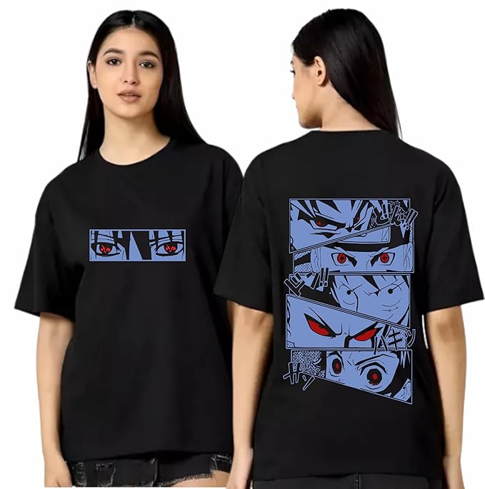 Unisex Oversized Black T-Shirt – Anime Eyes Print (Front & Back) | Manga Fan Graphic Tee