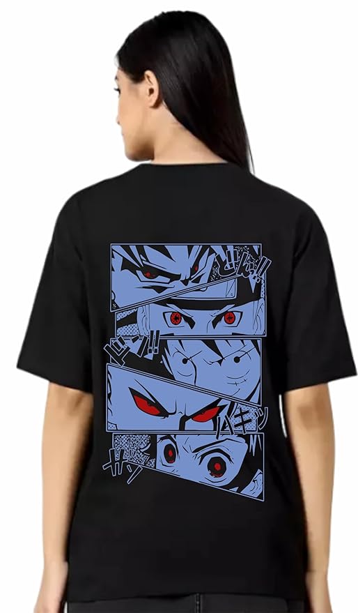 Unisex Oversized Black T-Shirt – Anime Eyes Print (Front & Back) | Manga Fan Graphic Tee