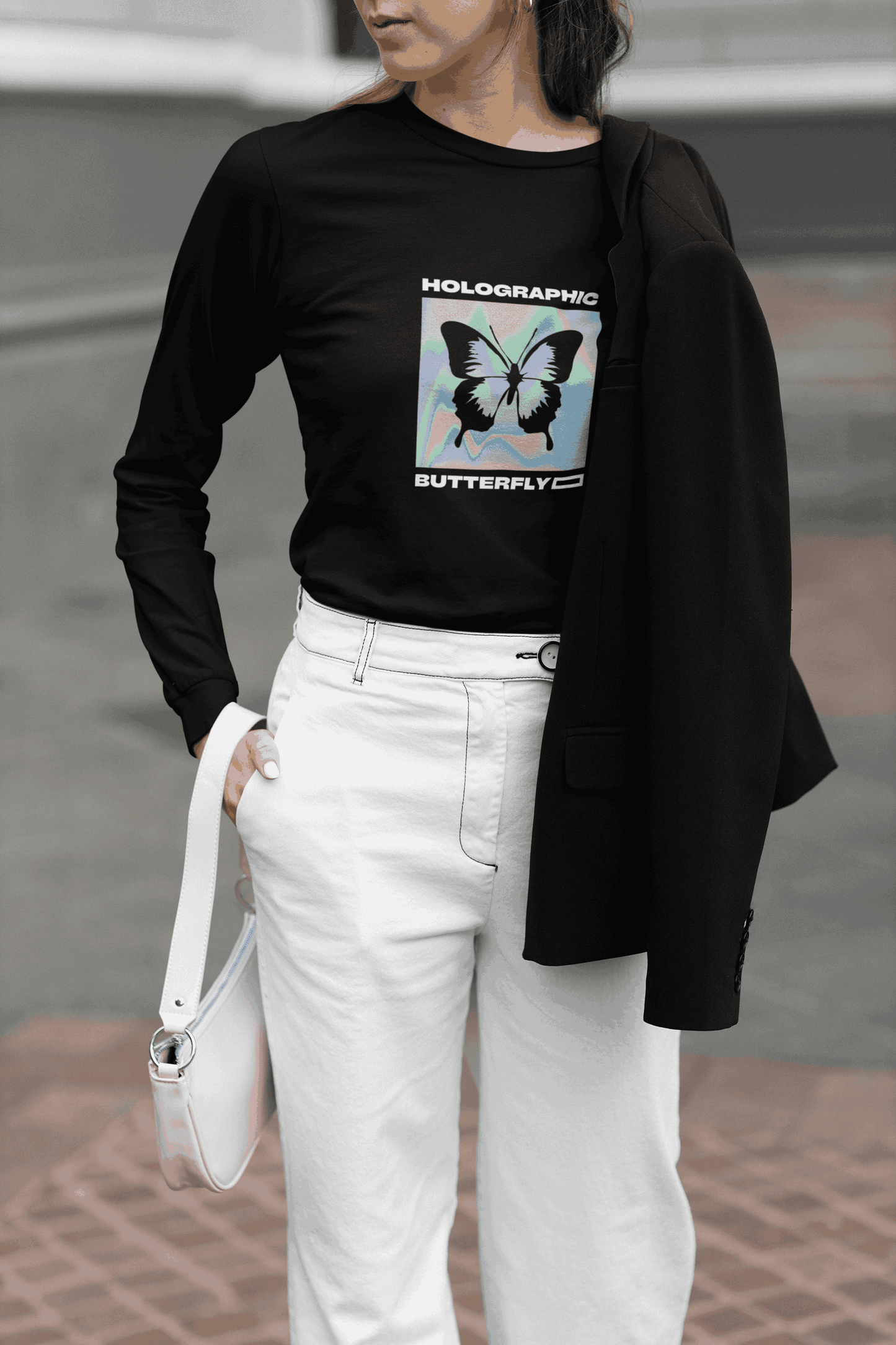 Women's Long Sleeve T-Shirt with Butterfly Print, Black
