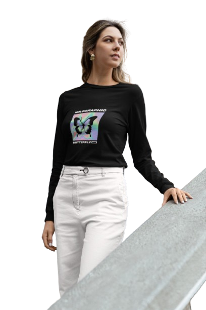 Women's Long Sleeve T-Shirt with Butterfly Print, Black