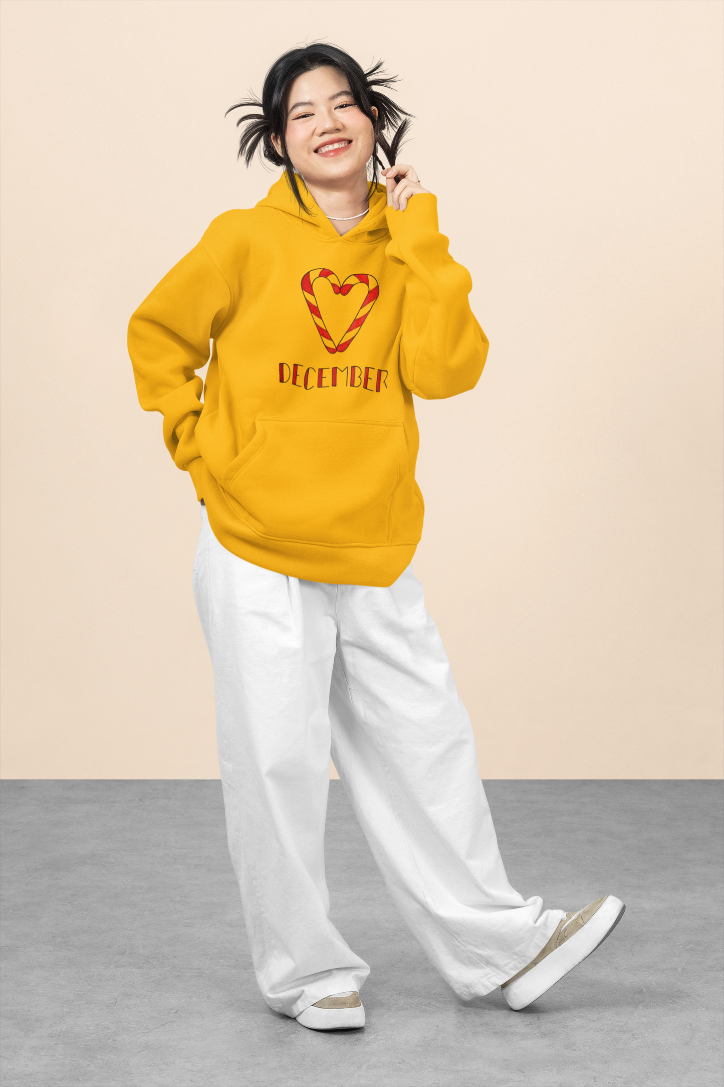 Festive December Candy Cane Heart Hoodie – Cozy Holiday Style for Women