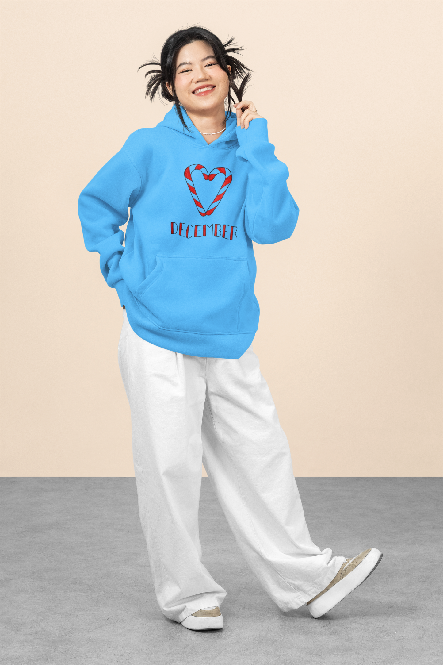 Festive December Candy Cane Heart Hoodie – Cozy Holiday Style for Women