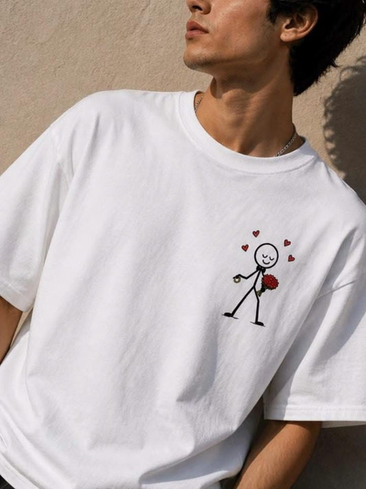 Minimalist Stick Figure Love T-Shirt for Men | Cute Heart Graphic Oversized Casual Tee