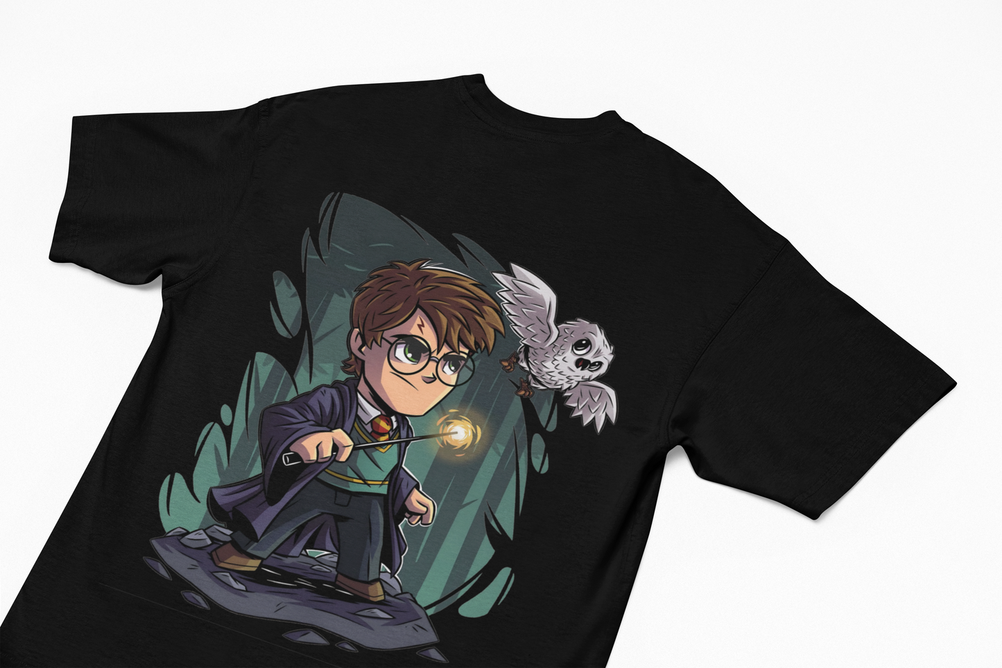 Men’s Oversized Black T-Shirt with Wizard Hat Chest Print