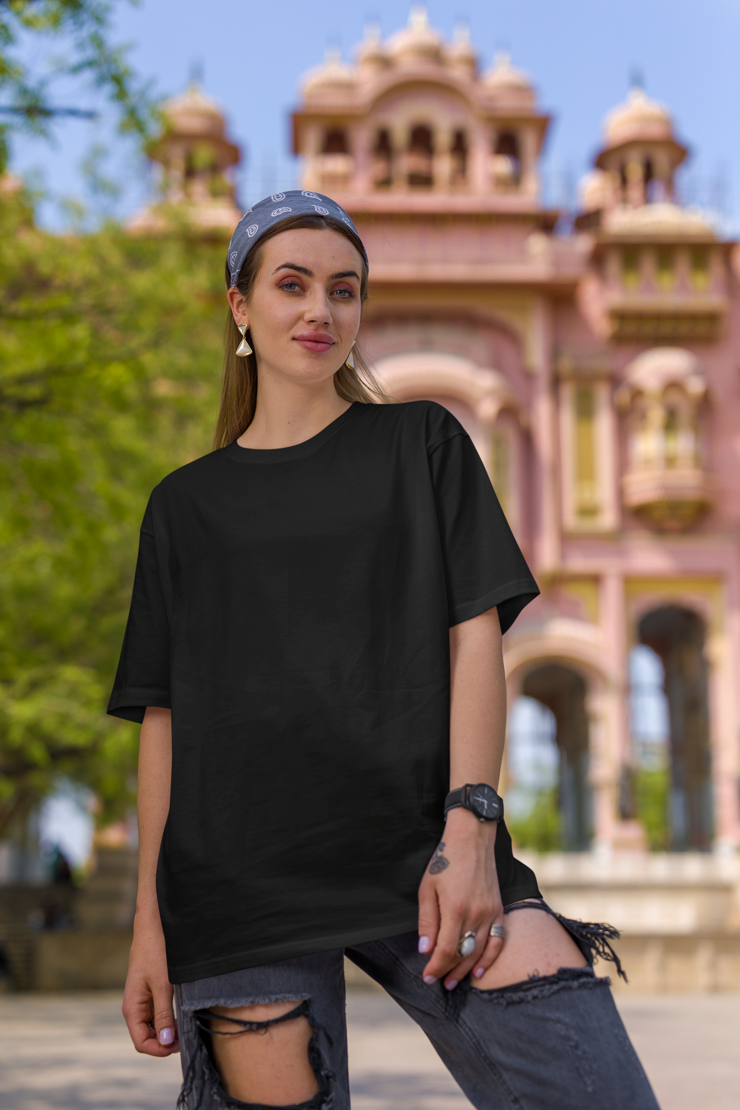 Basic Solid Oversized Black Women's Cotton T-shirt