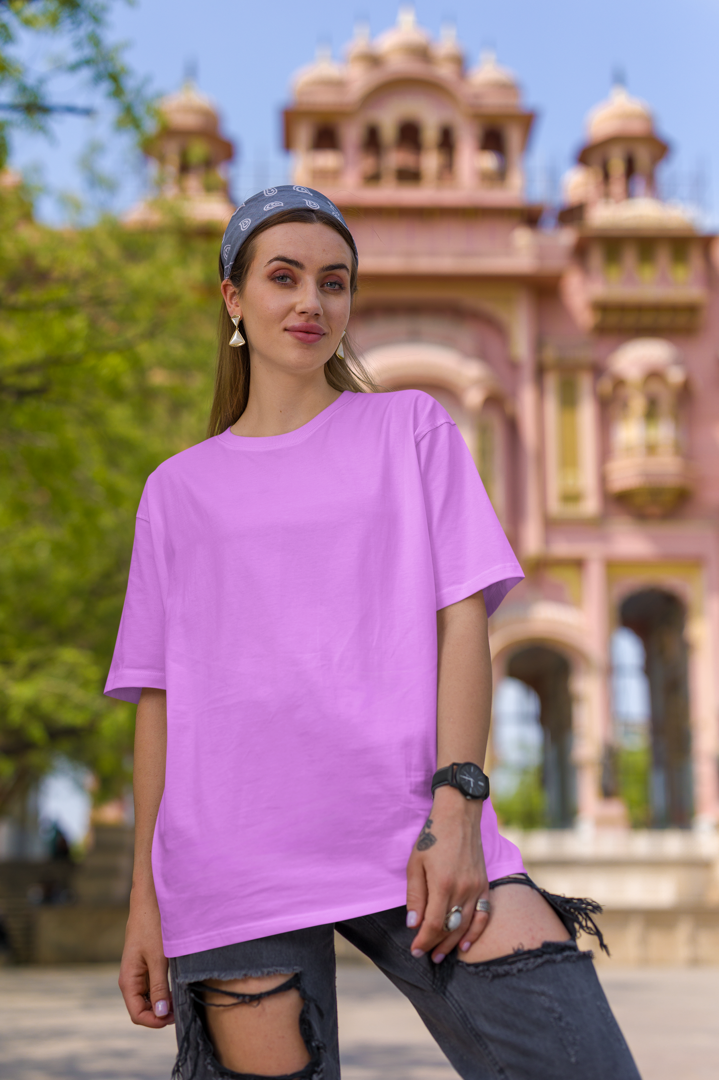 Basic Solid Oversized Lavender Women's Cotton T-shirt
