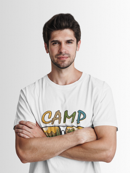 Pd Clori Camp Life T-Shirt | Adventure Graphic Tee for Men | Nature Travel White Cotton T-Shirt