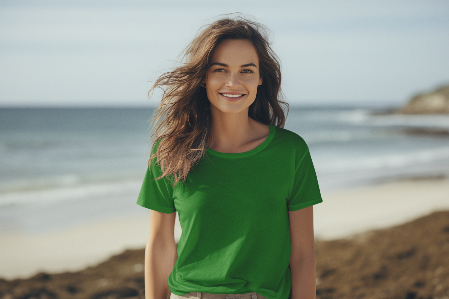 Basic Plain Solid Regular Green Women's Cotton T-shirt