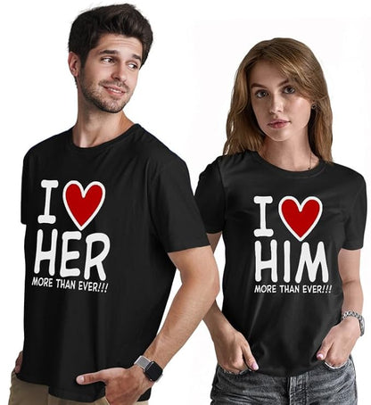 I Love Him | I Love Her Graphic Print Couple T-Shirt