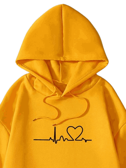 Women's Winter Hooded Sweatshirt with Heart Rhythm Print, Yellow