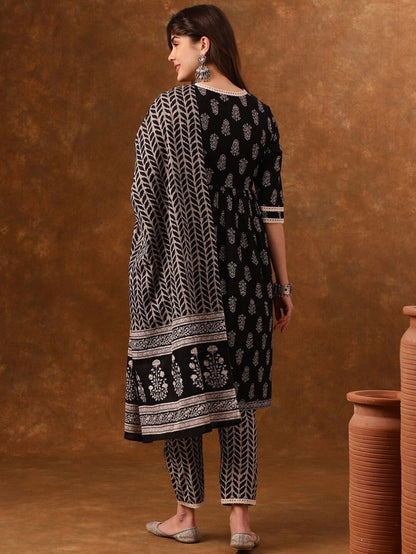 Elegant Black Printed Kurta Set with Dupatta – Timeless Ethnic Grace