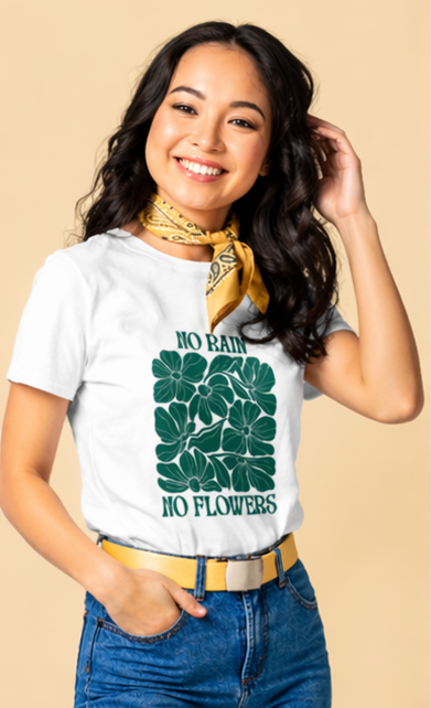 No Rain No Flowers Graphic T-Shirt for Women | Minimal Green Floral Tee by Pd Clori