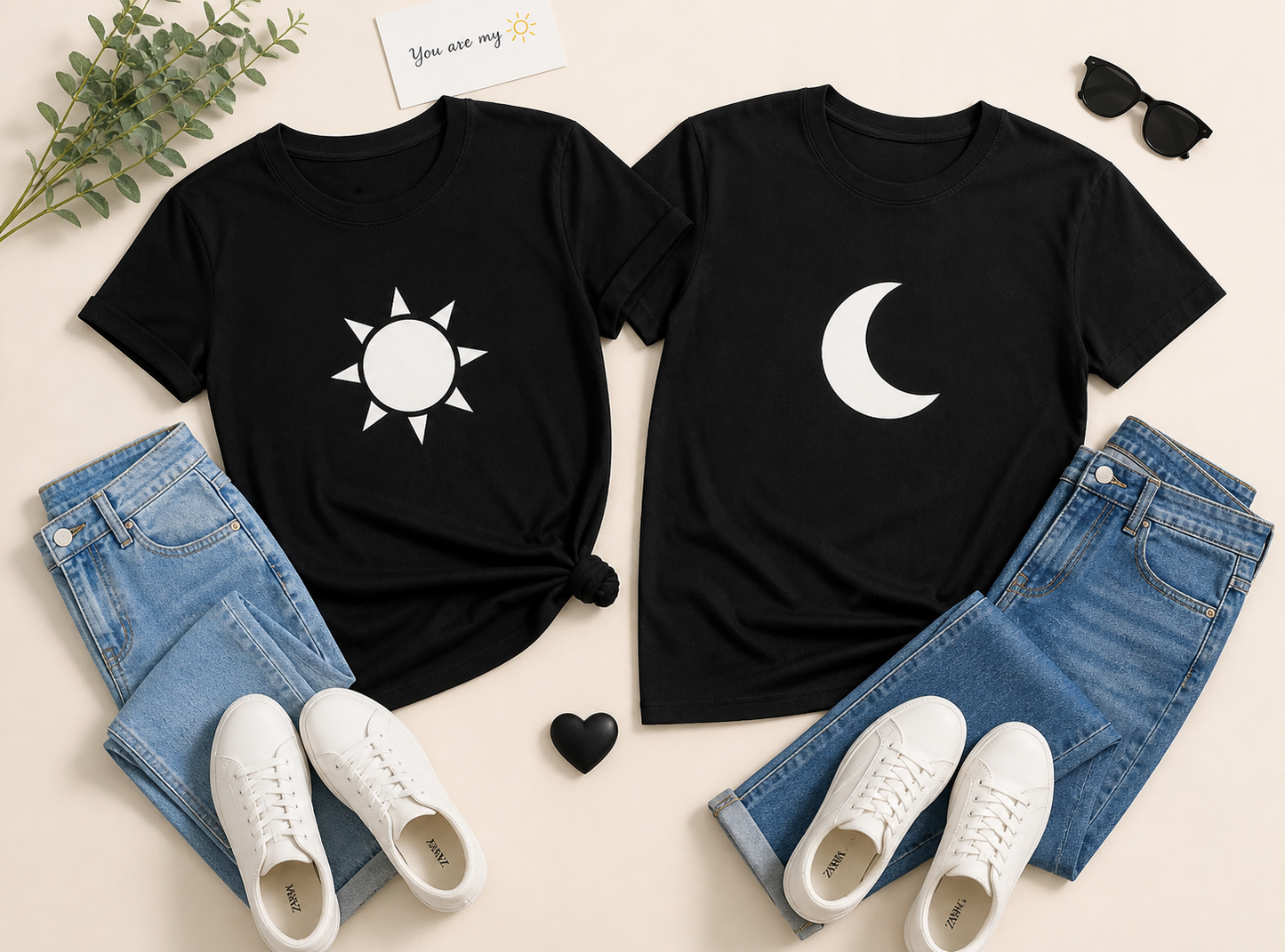 Pd Clori Sun & Moon Couple Black T-Shirt Combo