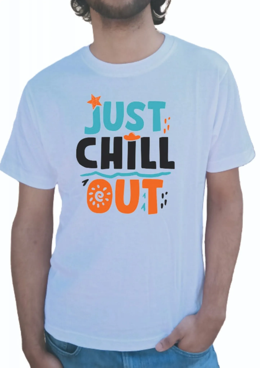 PD CLORI Men's Cotton T-Shirt, White with 'Just Chill Out' Graphic Print, Casual Wear