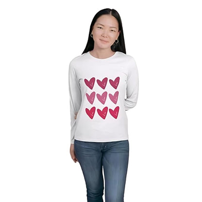 Heart Grid Graphic Print Women’s Full Sleeve T-Shirt – Aesthetic Cotton Casual Tee
