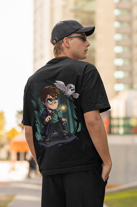 Men’s Oversized Black T-Shirt with Wizard Hat Chest Print
