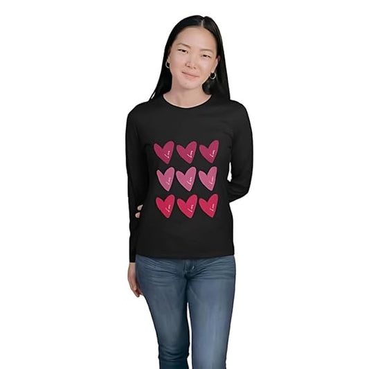 Heart Grid Graphic Print Women’s Full Sleeve T-Shirt – Aesthetic Cotton Casual Tee