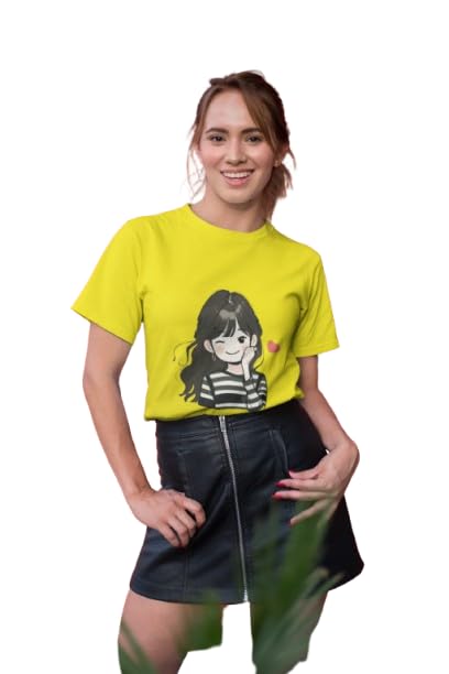 Cute Girl Cartoon Graphic Print Women's Yellow T-Shirt