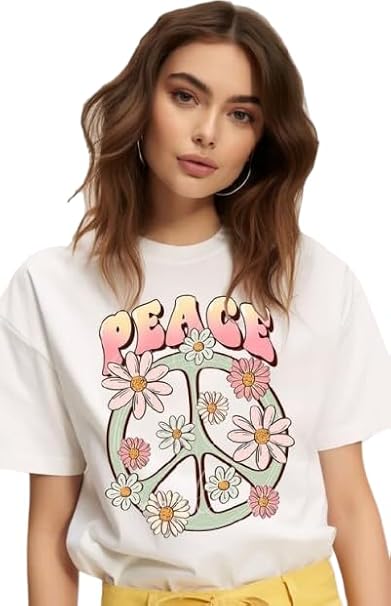 Peace Daisy Graphic Print Women’s T-Shirt – Cute Floral Cotton Casual Tee