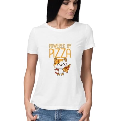 Powered by Pizza Cat Graphic Print Women’s T-Shirt – Funny Cotton Casual Tee