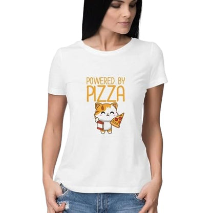 Powered by Pizza Cat Graphic Print Women’s T-Shirt – Funny Cotton Casual Tee