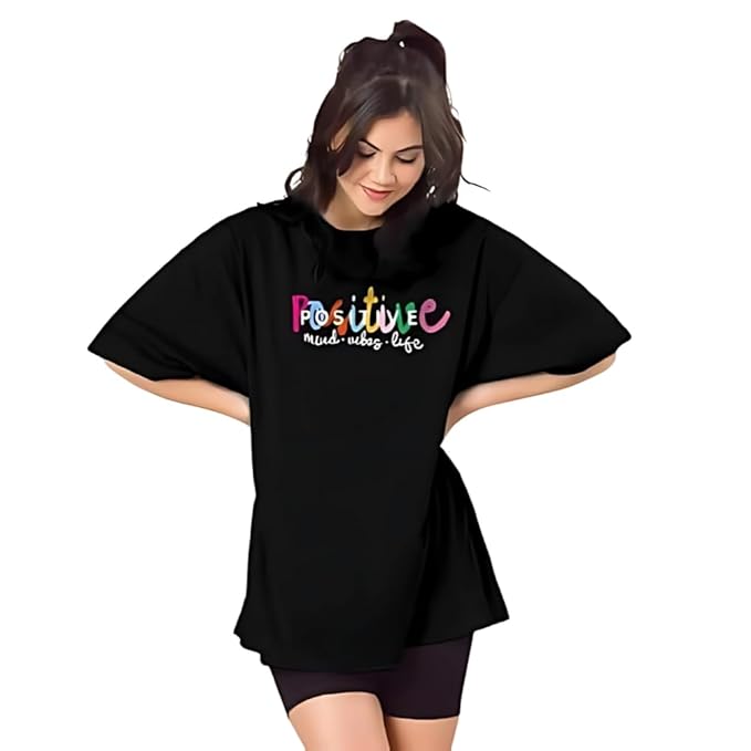 Positive Mind Vibes Life Graphic Print Oversized Women’s T-Shirt – Motivational Cotton Streetwear Tee