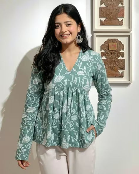 Pd Clori Sage Green Floral Printed Top | Elegant V-Neck Casual Wear for Women