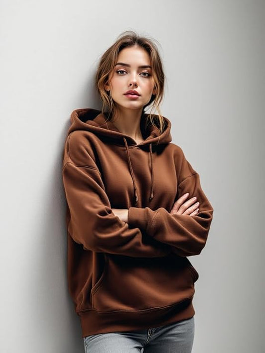 Women’s Brown Plain Hoodie – Soft Cotton Blend Casual Hoodie