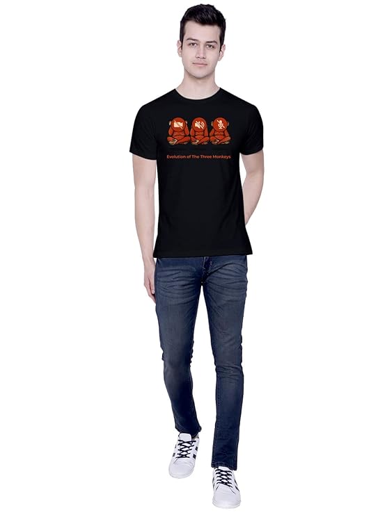 PD CLORI Men's Black Cotton Graphic T-Shirt with Evolution of Three Monkeys Print