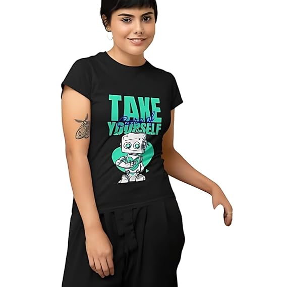Take Care of Yourself Robot Graphic Print Women’s T-Shirt – Cute Cotton Casual Tee