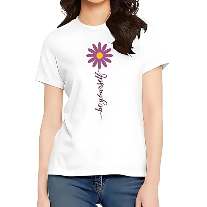 Daisy Flower “Be Yourself” Graphic Print Women’s T-Shirt – Floral Cotton Casual Tee