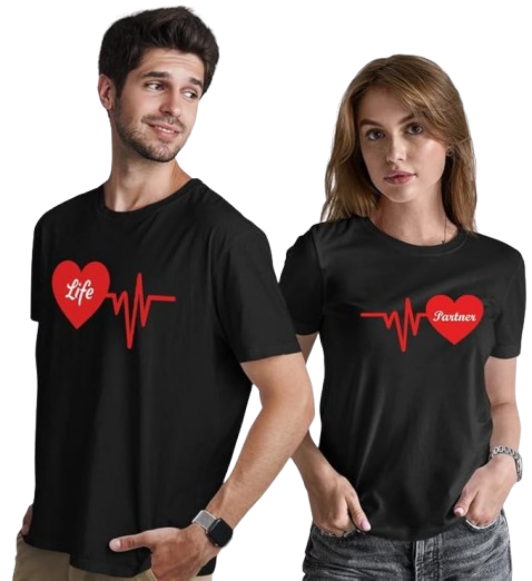 Life Partner Heartbeat Graphic Print Couple T-Shirt
