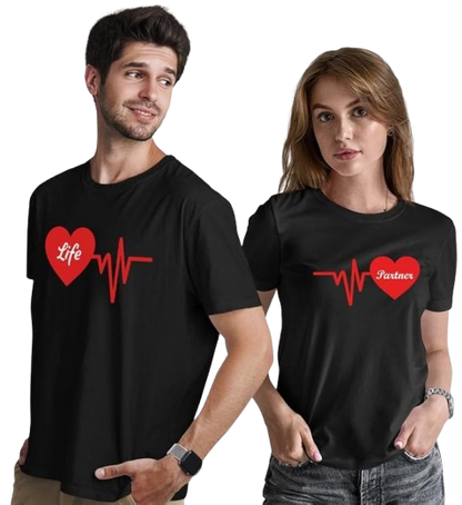 Life Partner Heartbeat Graphic Print Couple T-Shirt
