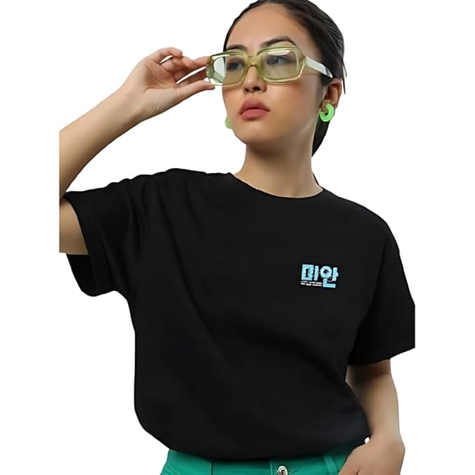 Korean Text Minimal Graphic Print Women’s T-Shirt – Aesthetic Cotton Casual Tee