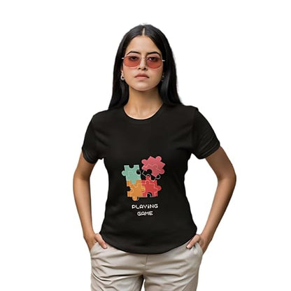 Playing Game Puzzle Graphic Print Women’s T-Shirt – Fun Cotton Casual Tee